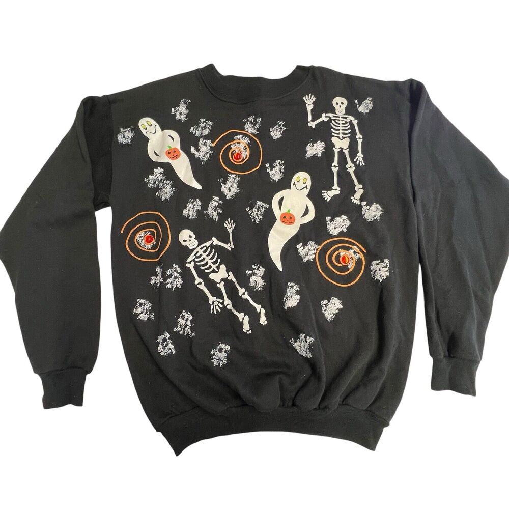 Vintage Wet‎ Paint Halloween Sweatshirt Skeletons Ghosts Novelty Black Pullover